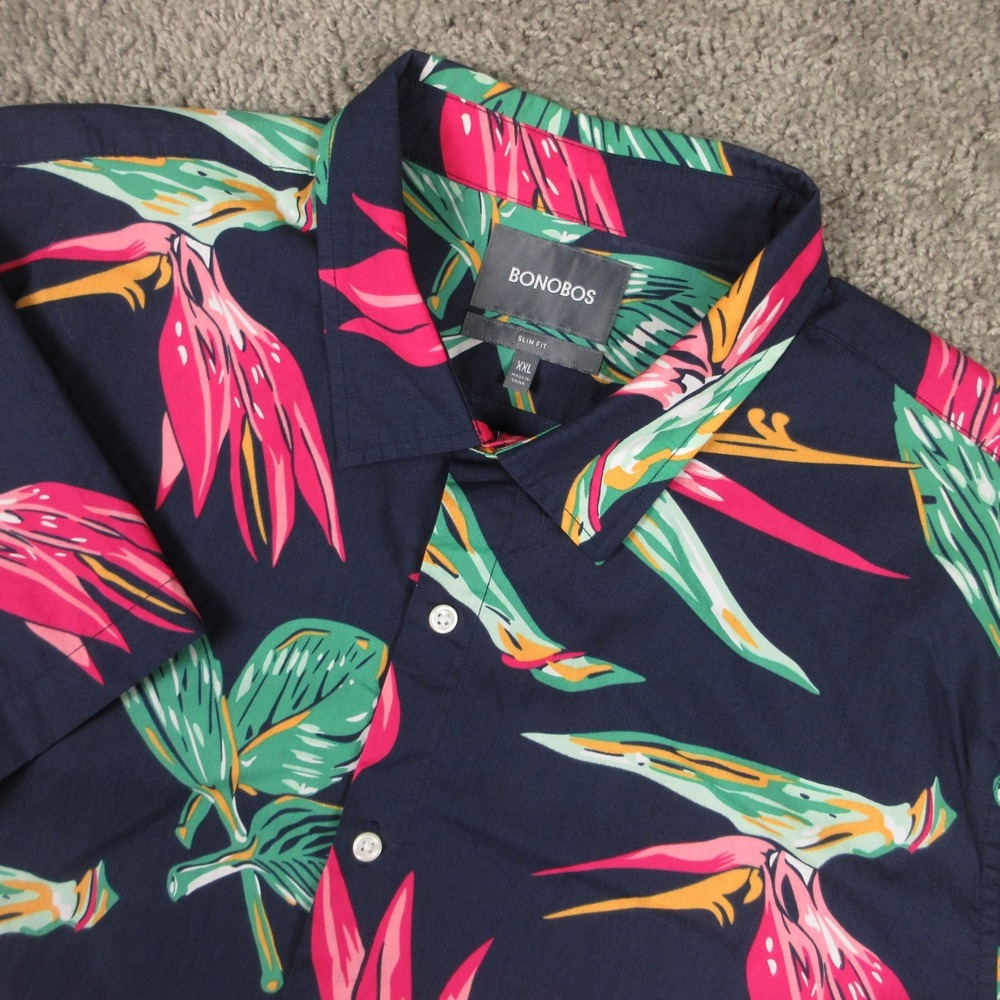 Bonobos Shirt Mens 2XL Navy Blue Floral Slim Fit Short Sleeve Hawaiian Button Up